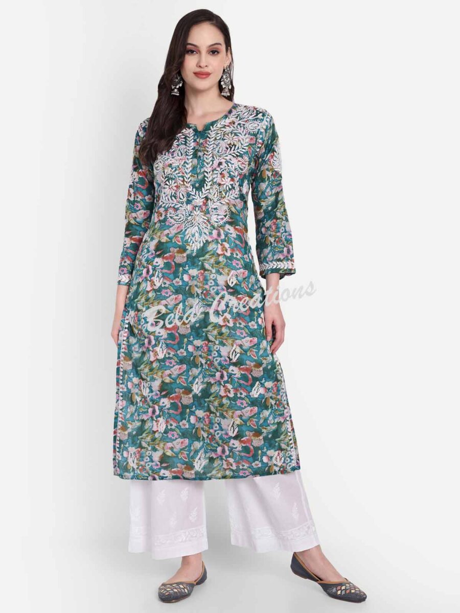cotton chikankari printed long kurta