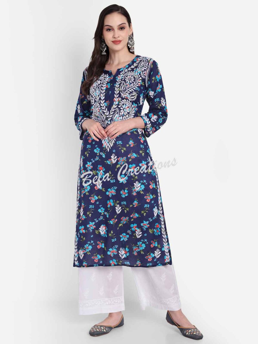cotton chikankari printed long kurta