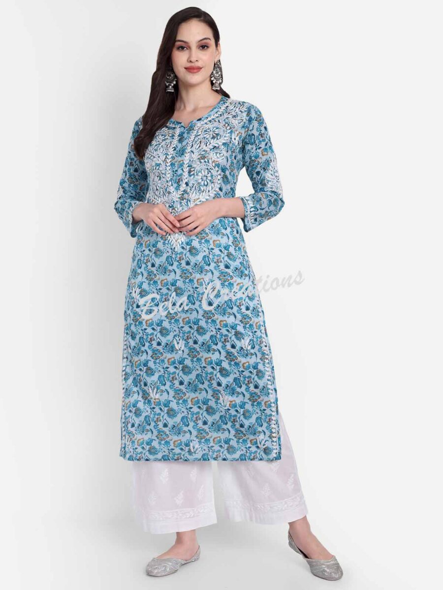 cotton chikankari printed long kurta