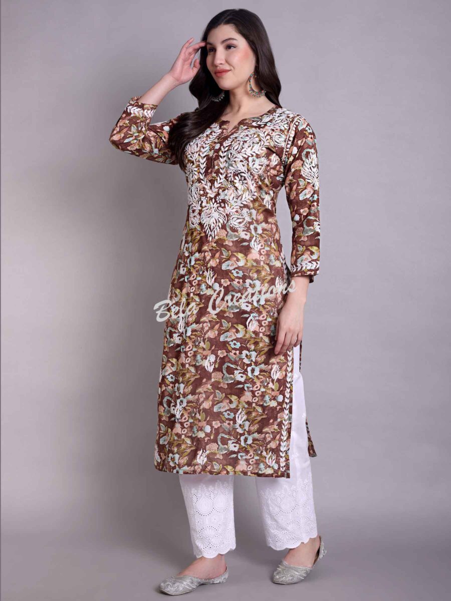 chikankari cotton printed straight kurta brown