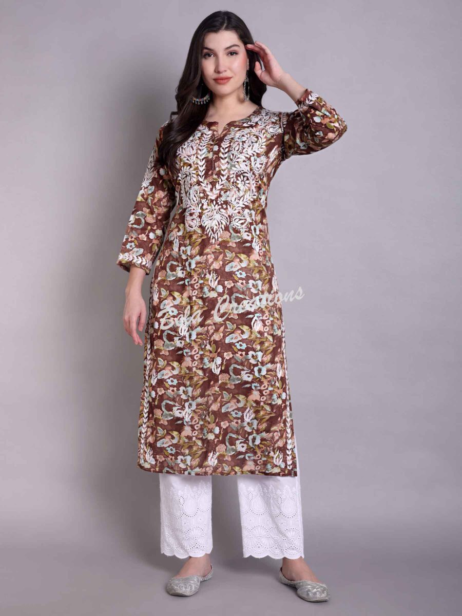 chikankari cotton printed straight kurta brown