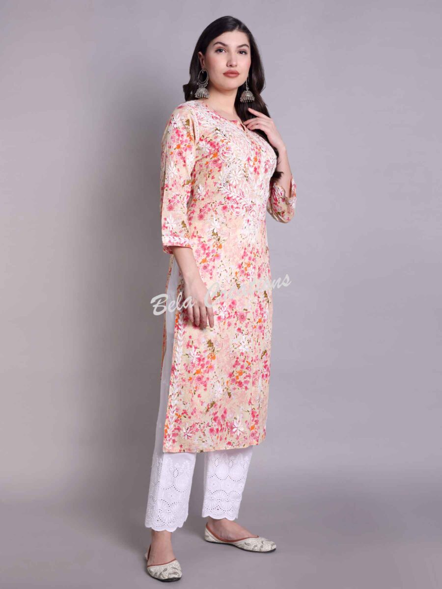chikankari cotton printed straight kurta pink