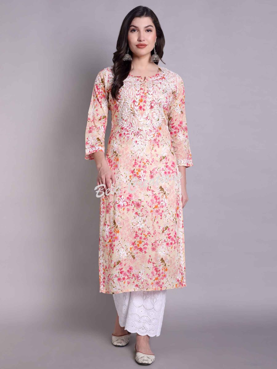 chikankari cotton printed straight kurta pink