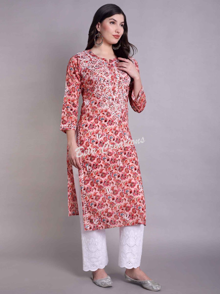 chikankari cotton printed straight kurta red