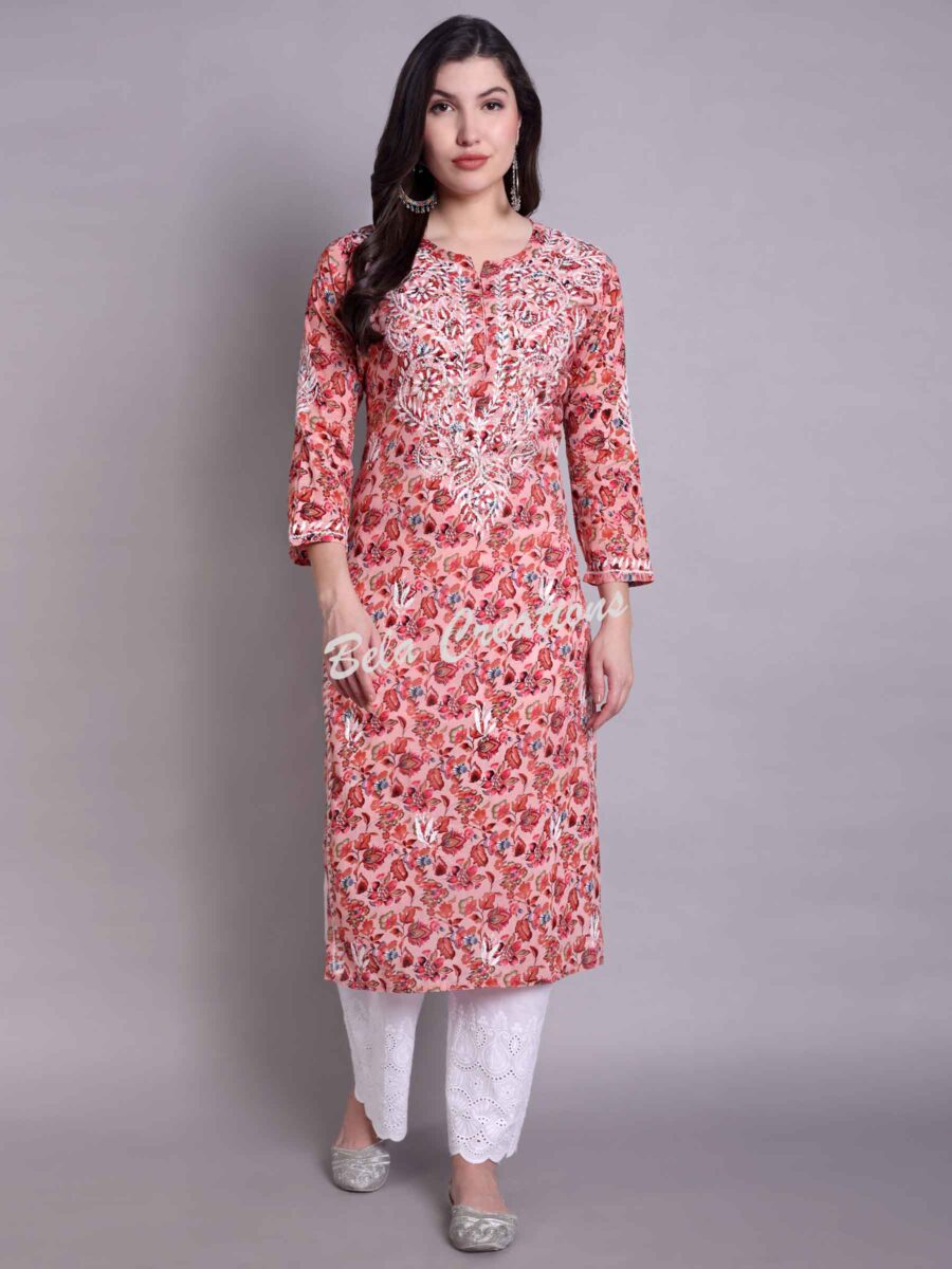 chikankari cotton printed straight kurta red