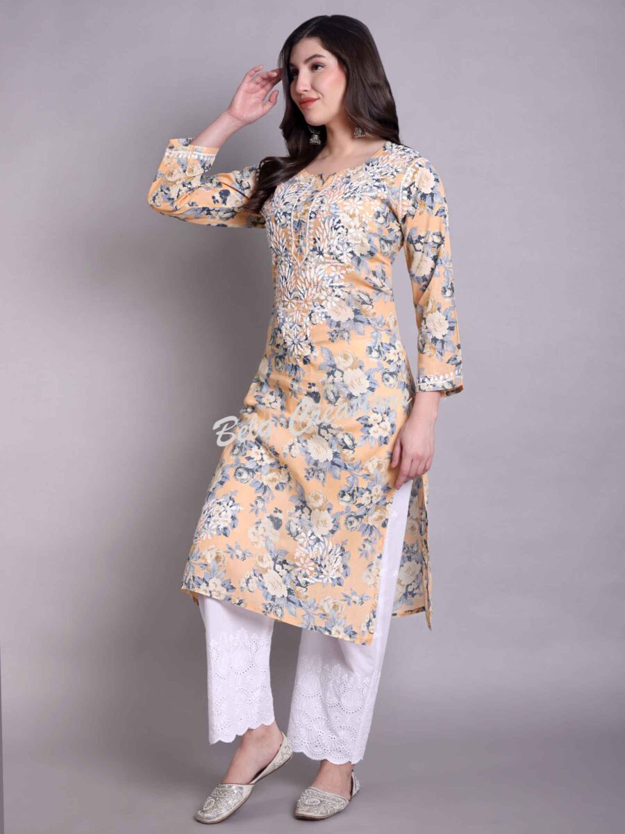 chikankari cotton printed straight kurta yellow