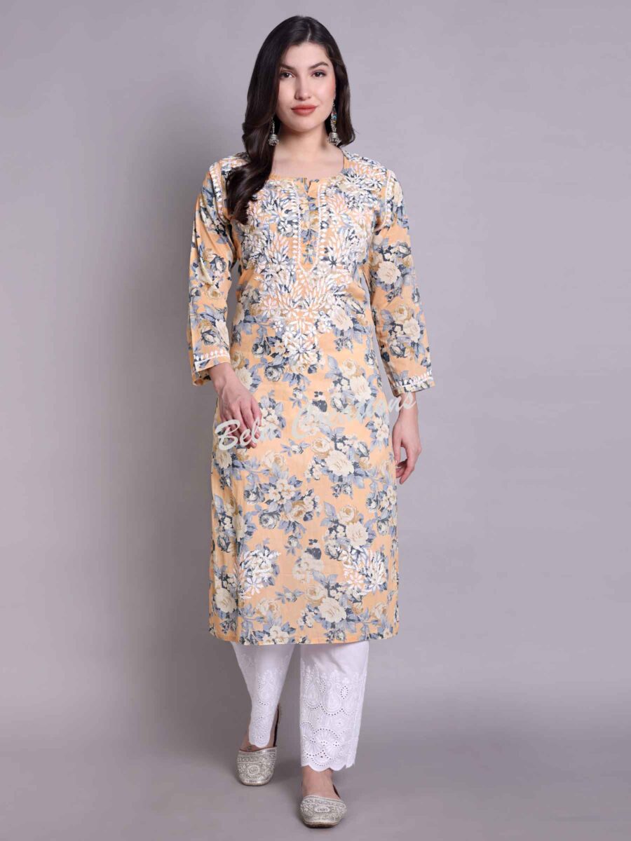 chikankari cotton printed straight kurta yellow