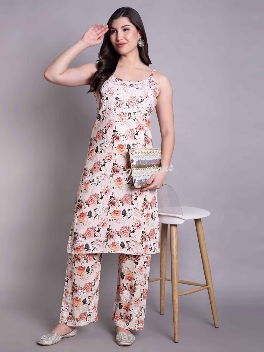 chikankari cotton sleeveless kurta set