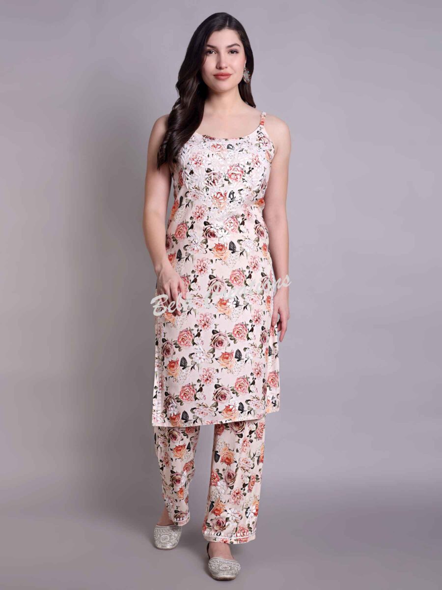 chikankari cotton sleeveless kurta set