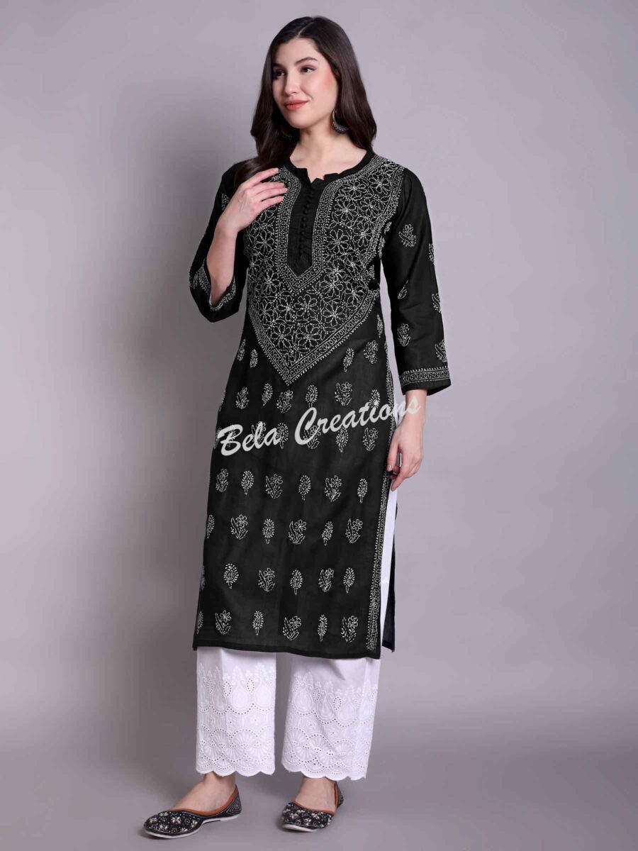 chikankari cotton straight kurta black