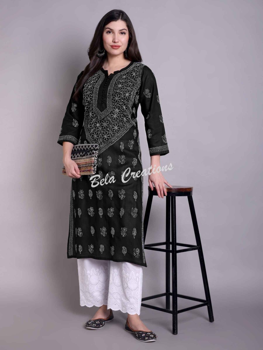 chikankari cotton straight kurta black