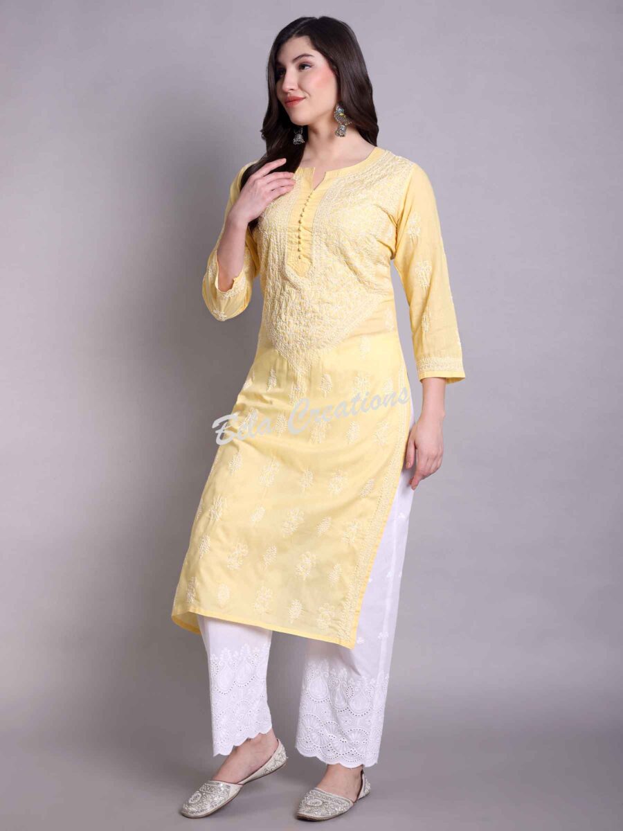 chikankari cotton straight kurta yellow