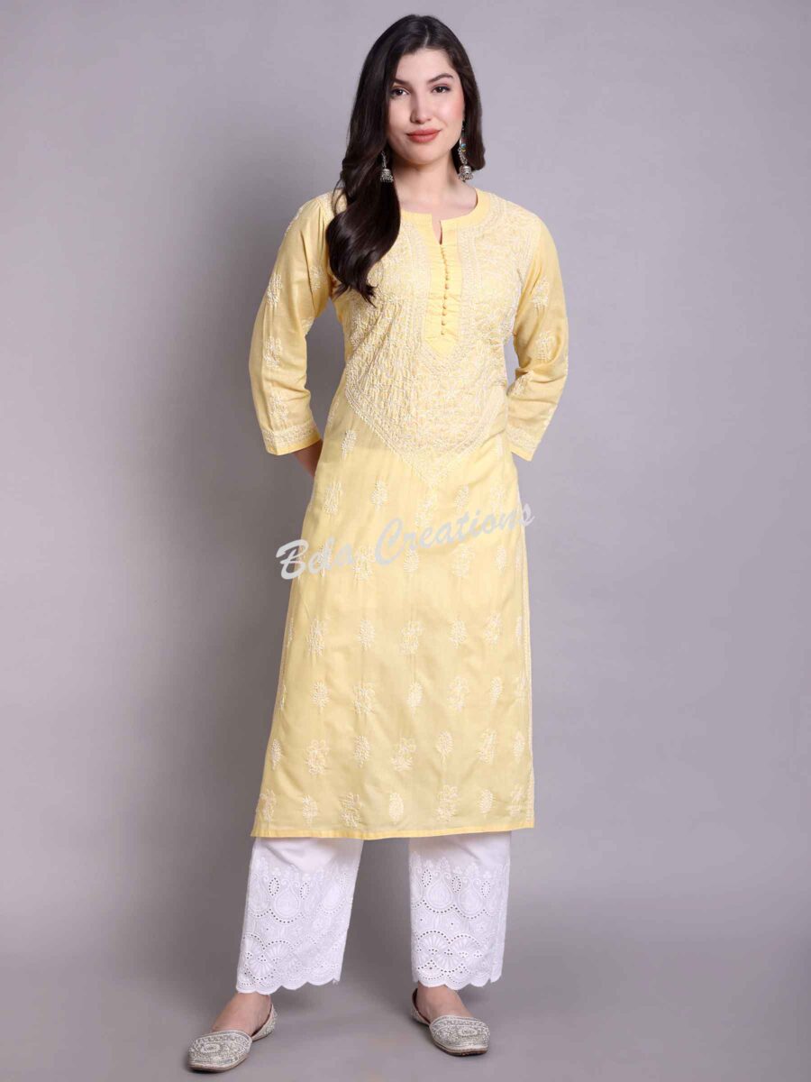 chikankari cotton straight kurta yellow