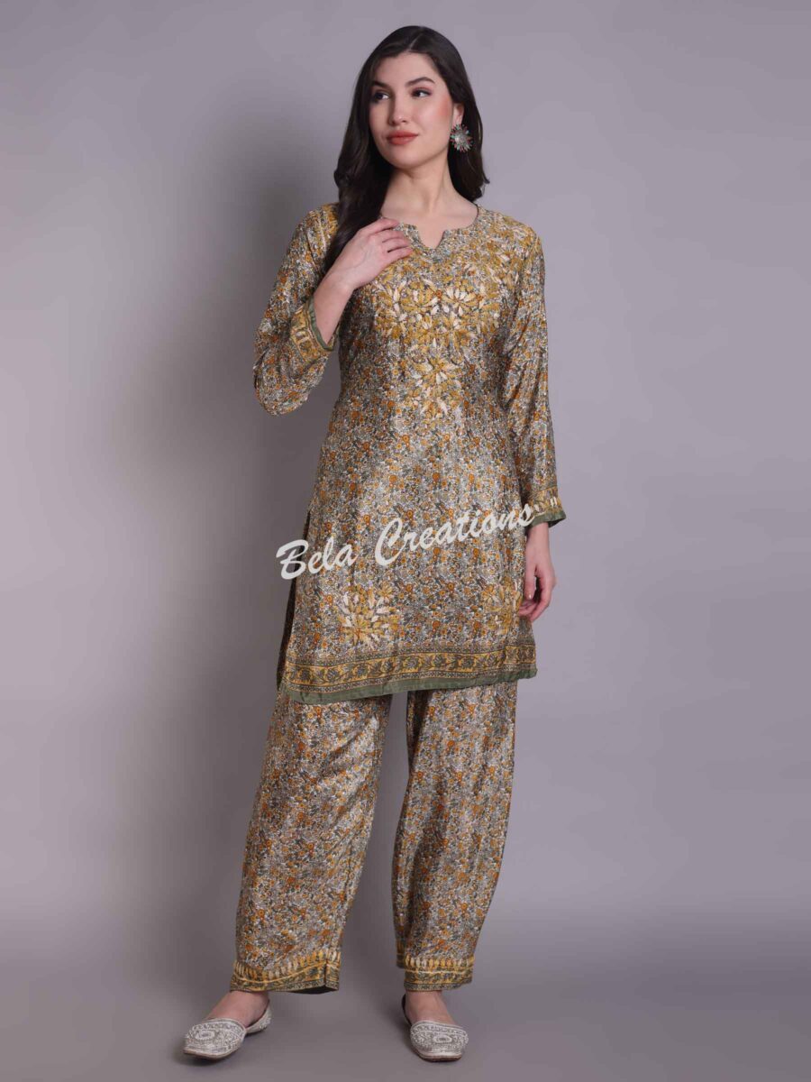 chikankari crepe coord set yellow