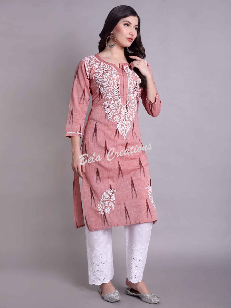 chikankari ikat print cotton straight kurta pink