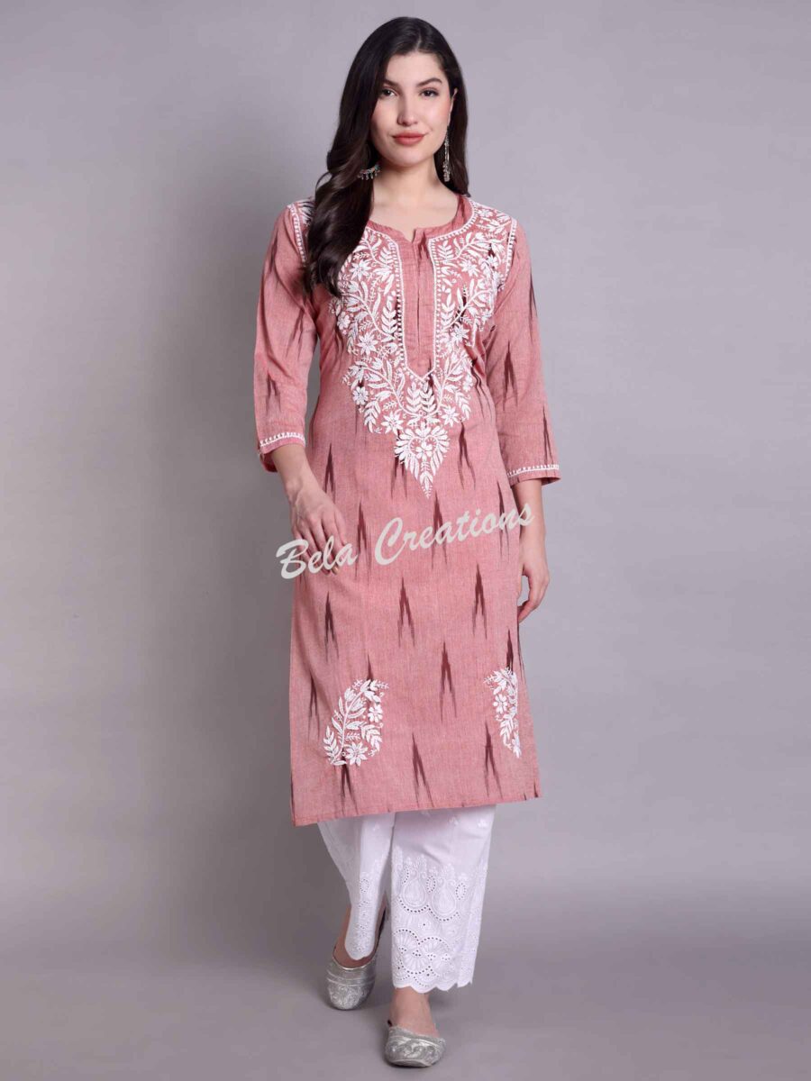 chikankari ikat print cotton straight kurta pink