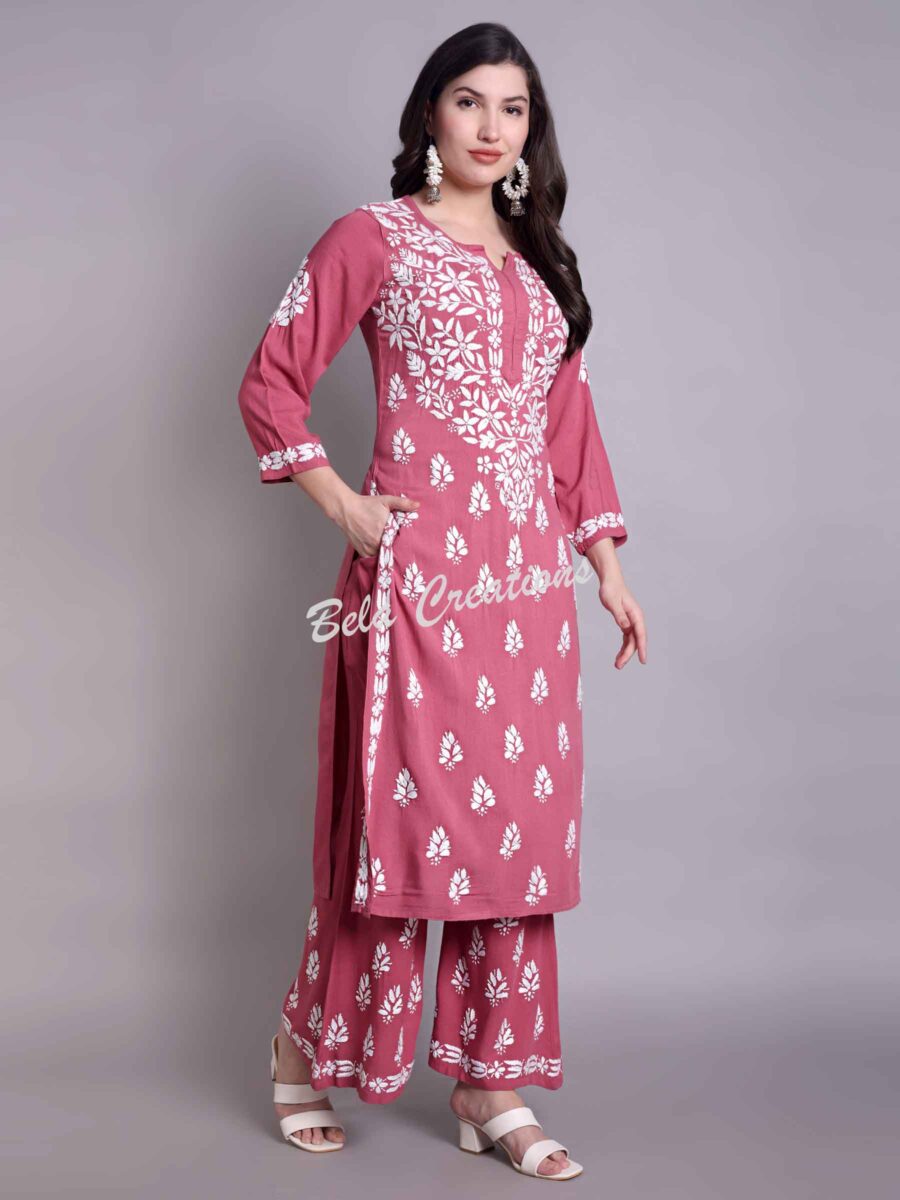 chikankari modal kurta set pink