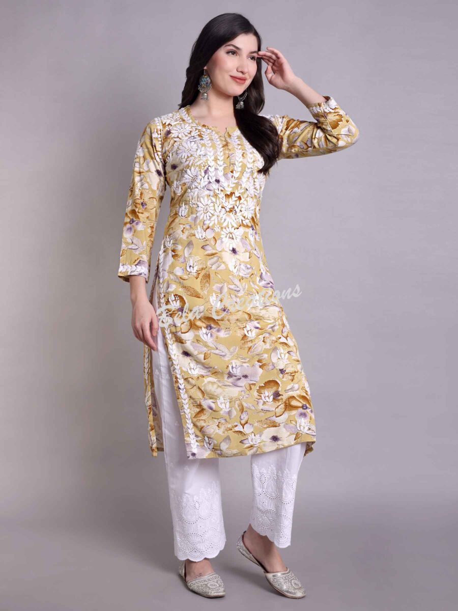 chikankari modal printed straight kurta yellow