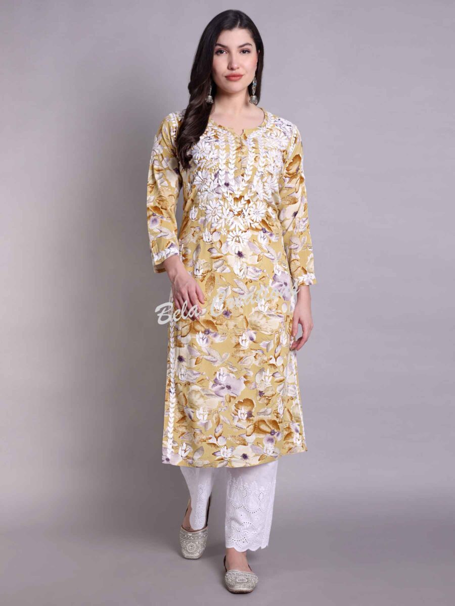 chikankari modal printed straight kurta yellow