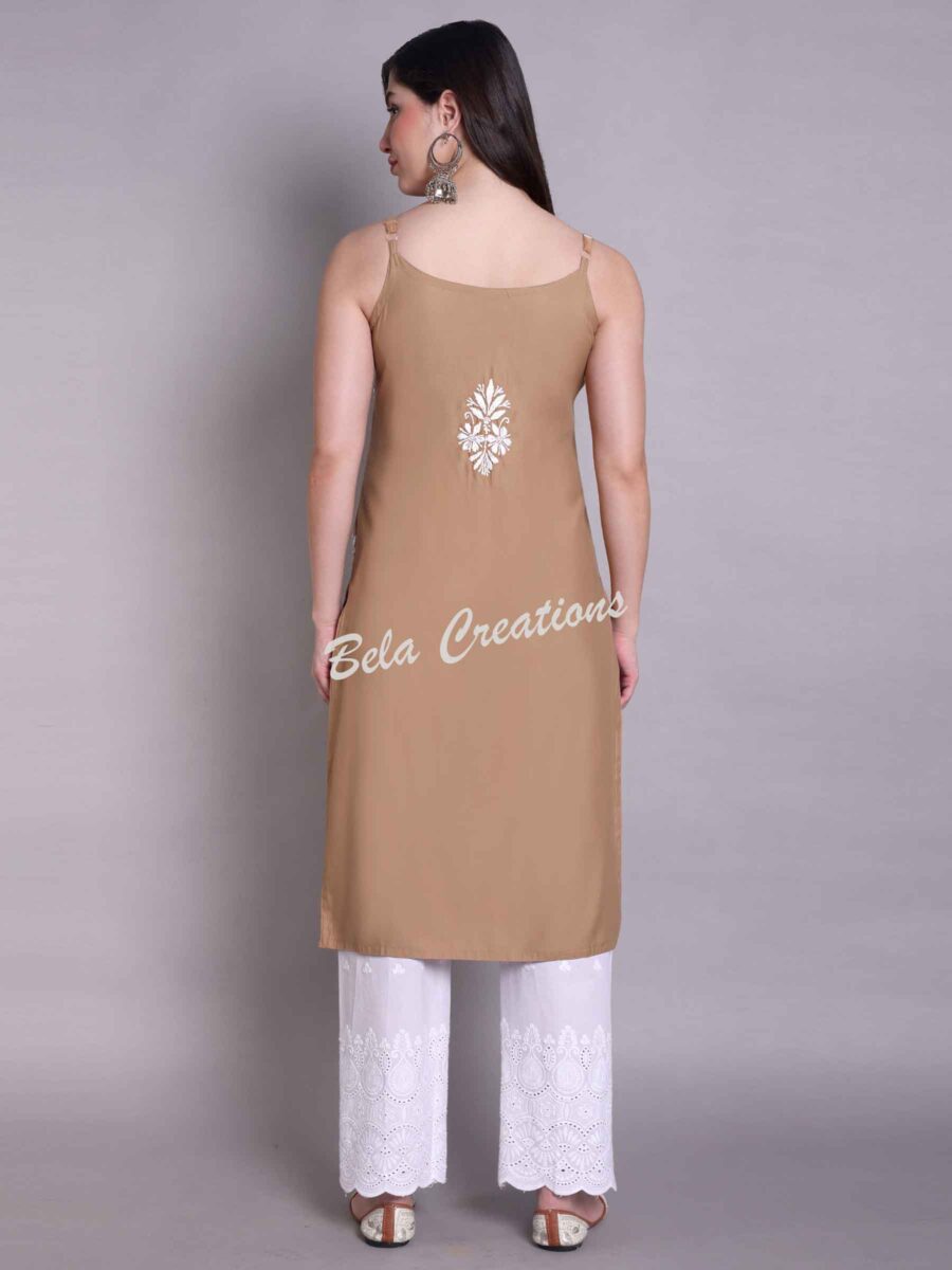 chikankari modal sleeveless kurta brown