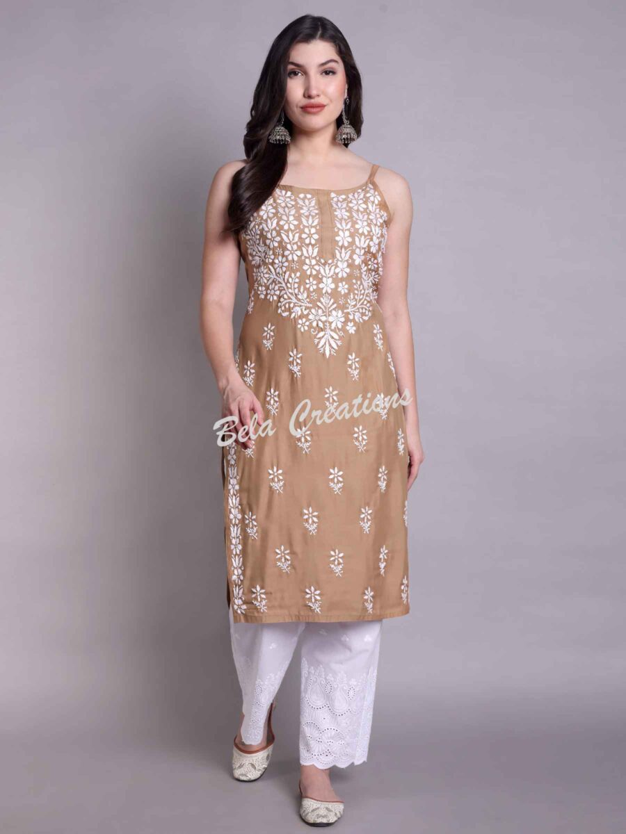 chikankari modal sleeveless kurta brown