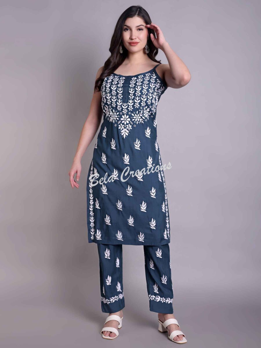 chikankari modal sleeveless kurta set blue