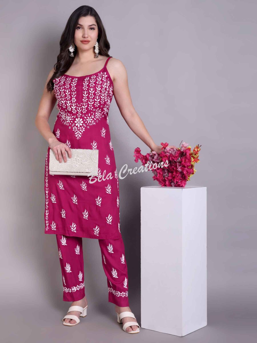 chikankari modal sleeveless kurta set maroon