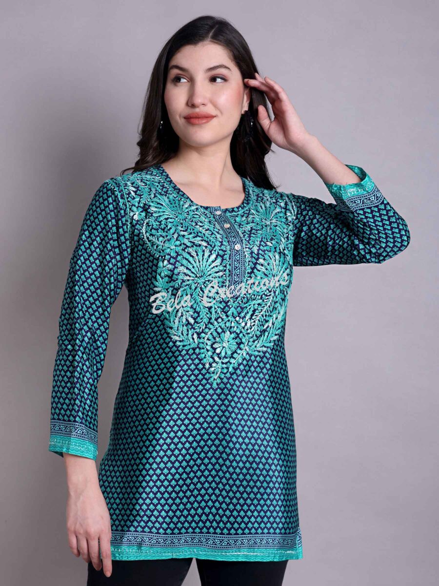 crepe chikankari women's short kurta blue