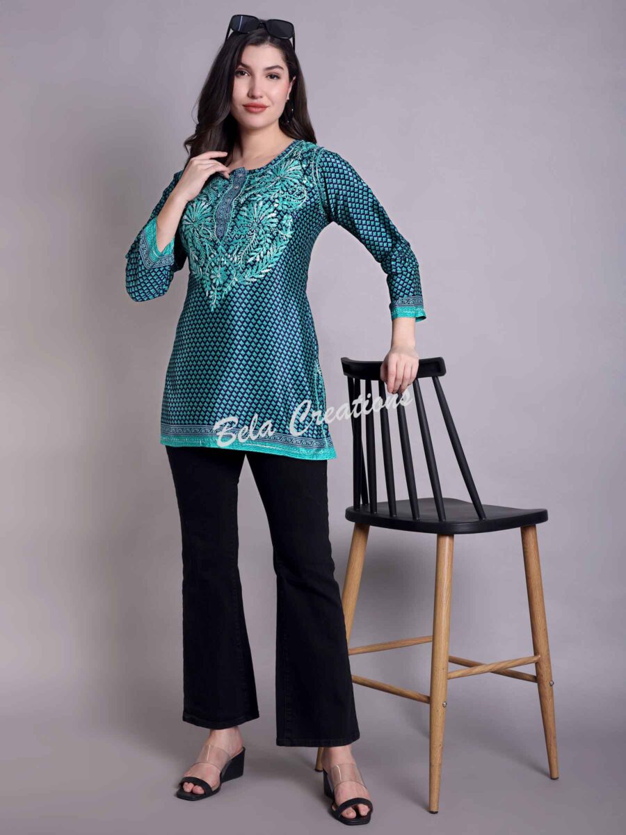 crepe chikankari women's short kurta blue