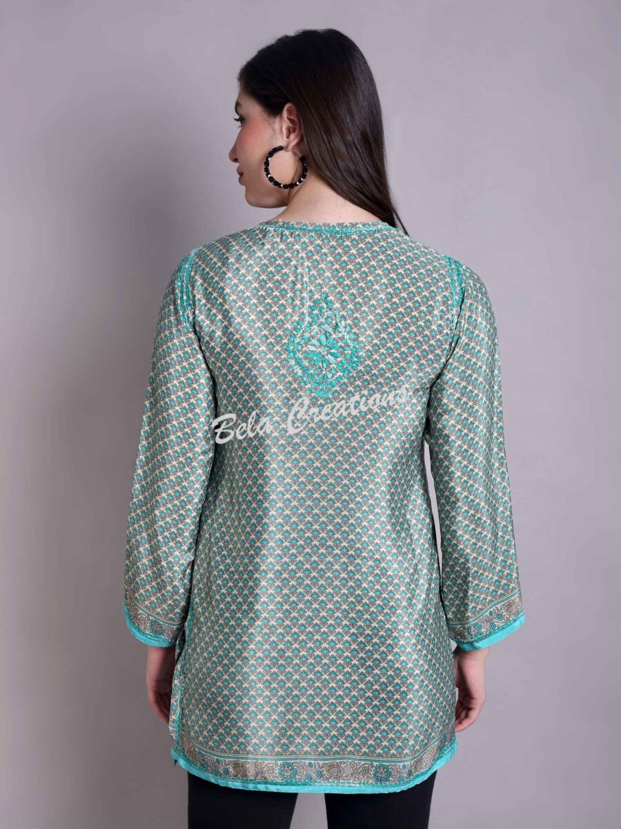 crepe chikankari women's short kurta green