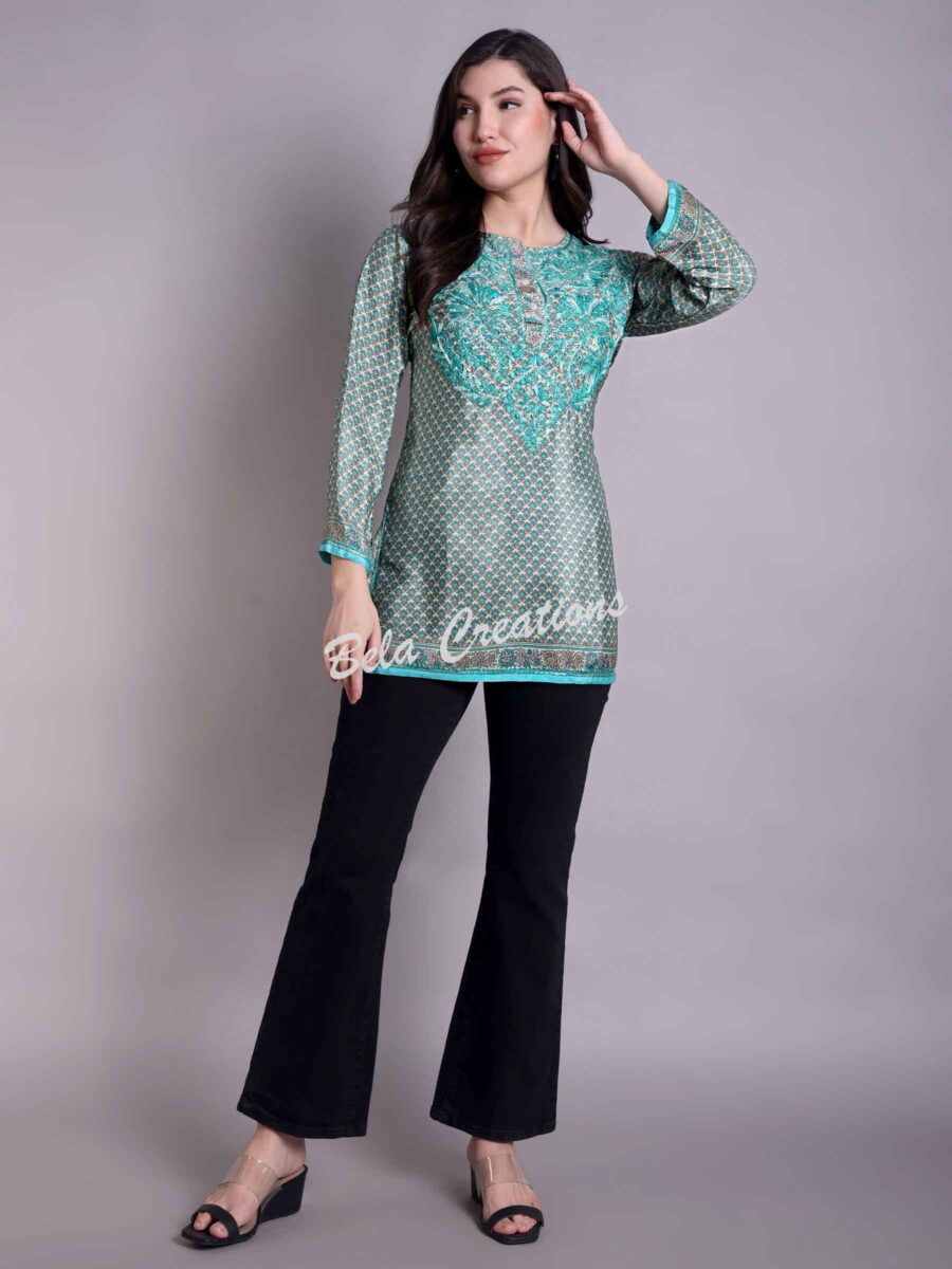 crepe chikankari women's short kurta green