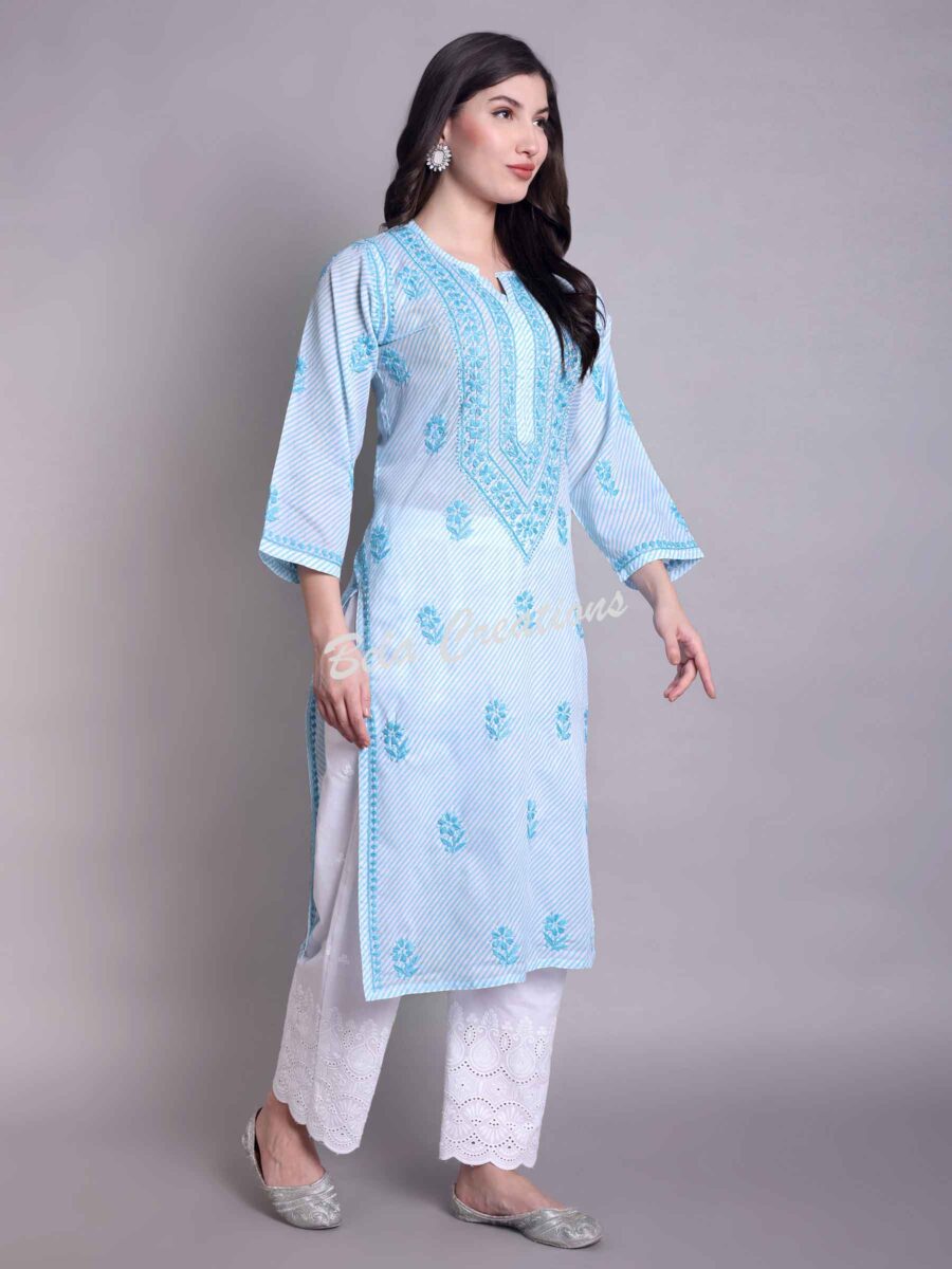 leheriya chikankari women's long kurta blue