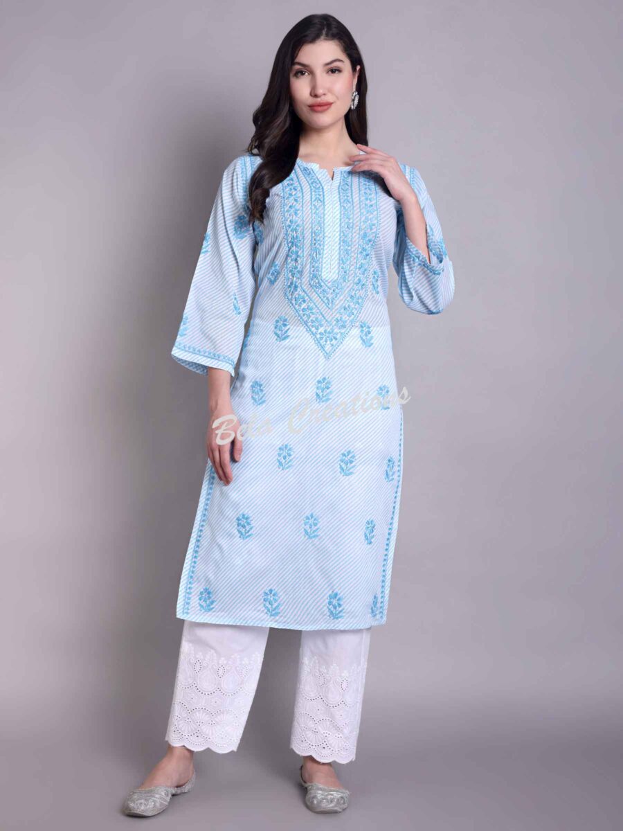 leheriya chikankari women's long kurta blue
