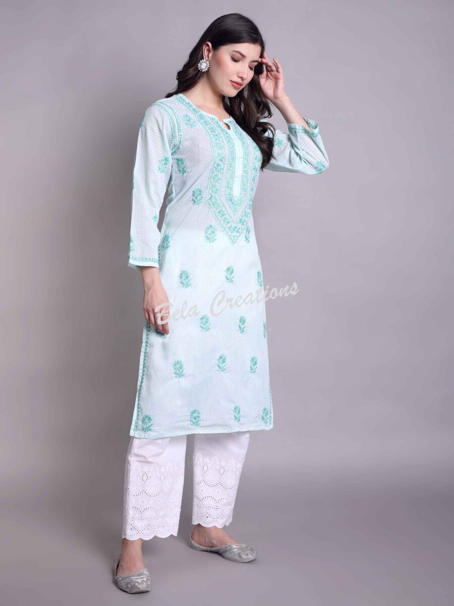 leheriya chikankari women's long kurta green