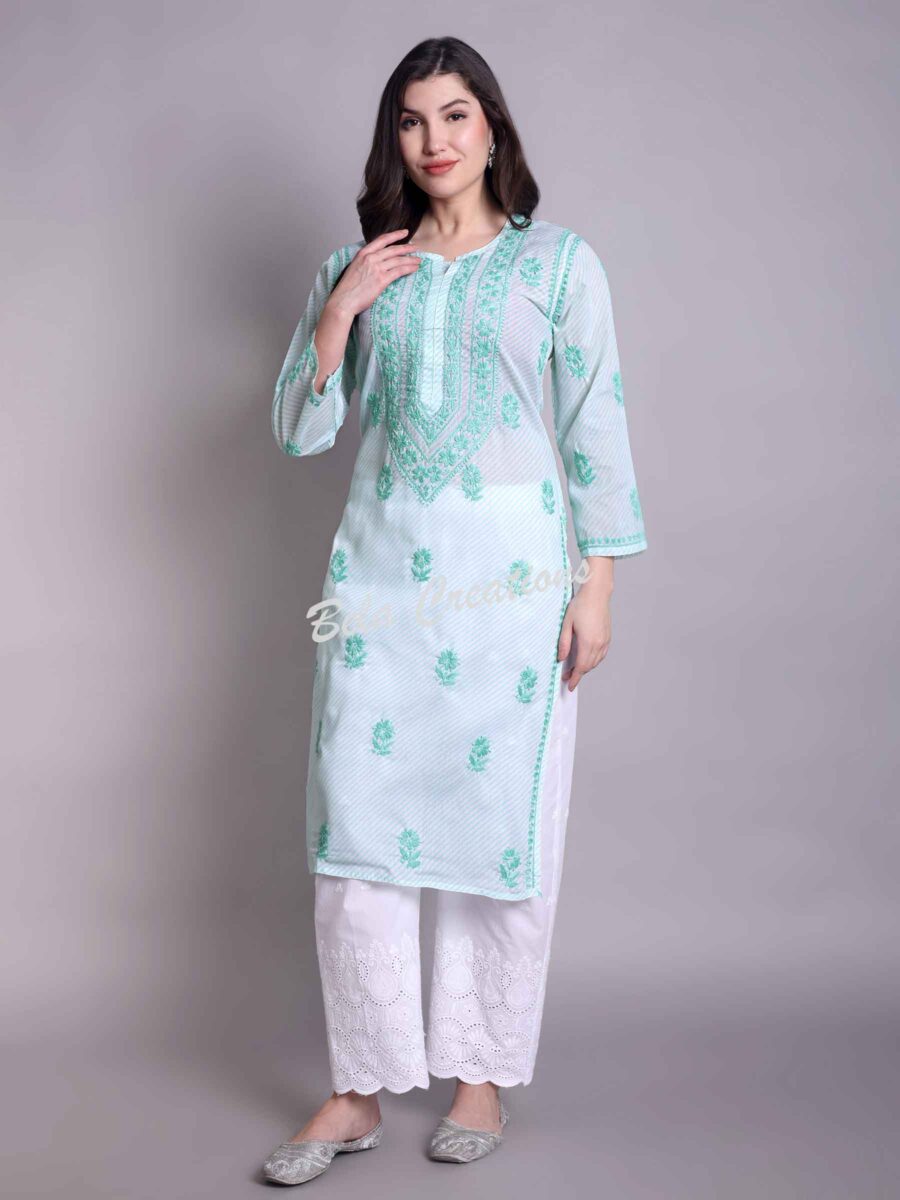 leheriya chikankari women's long kurta green