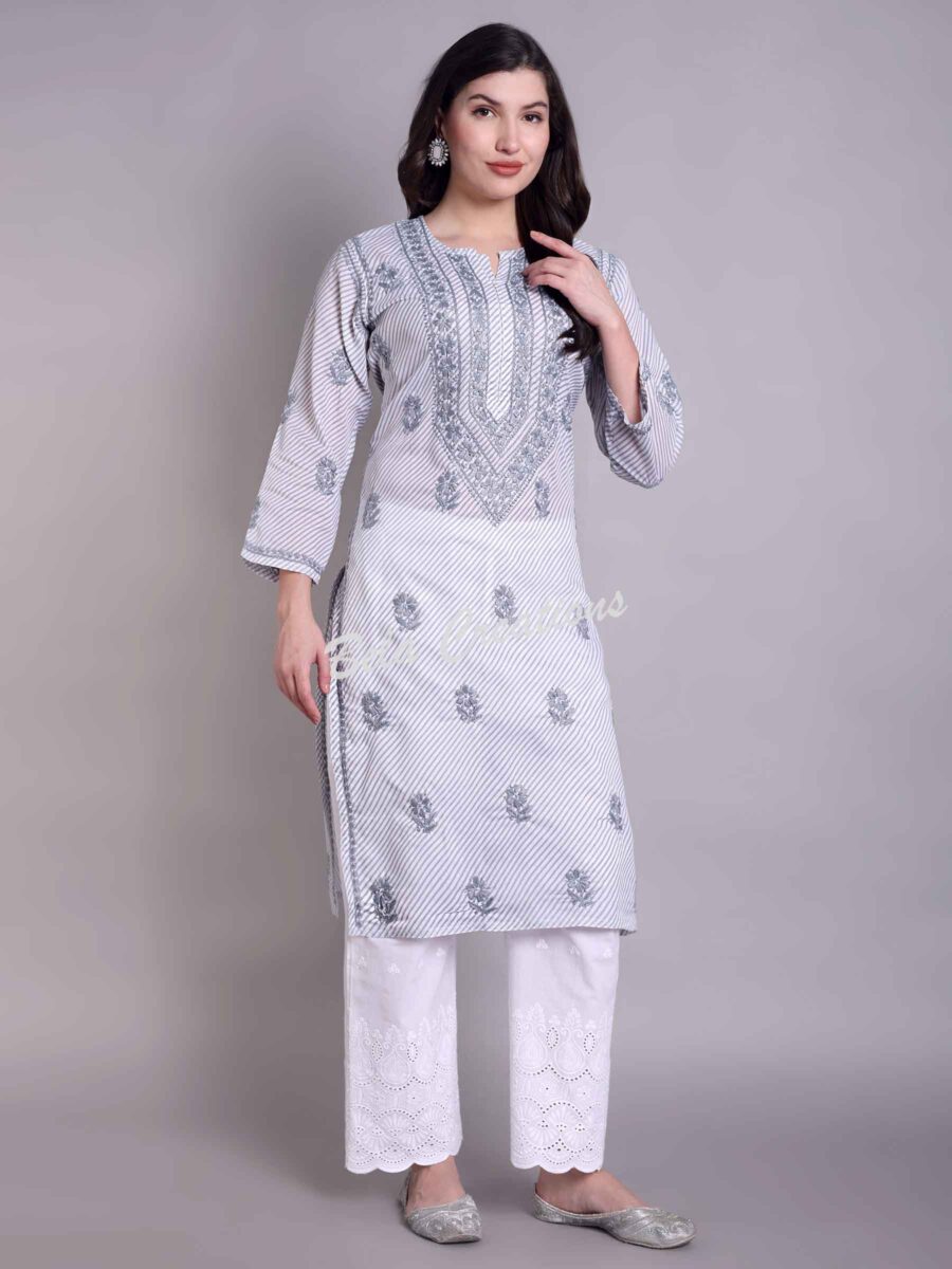 leheriya chikankari women's long kurta grey