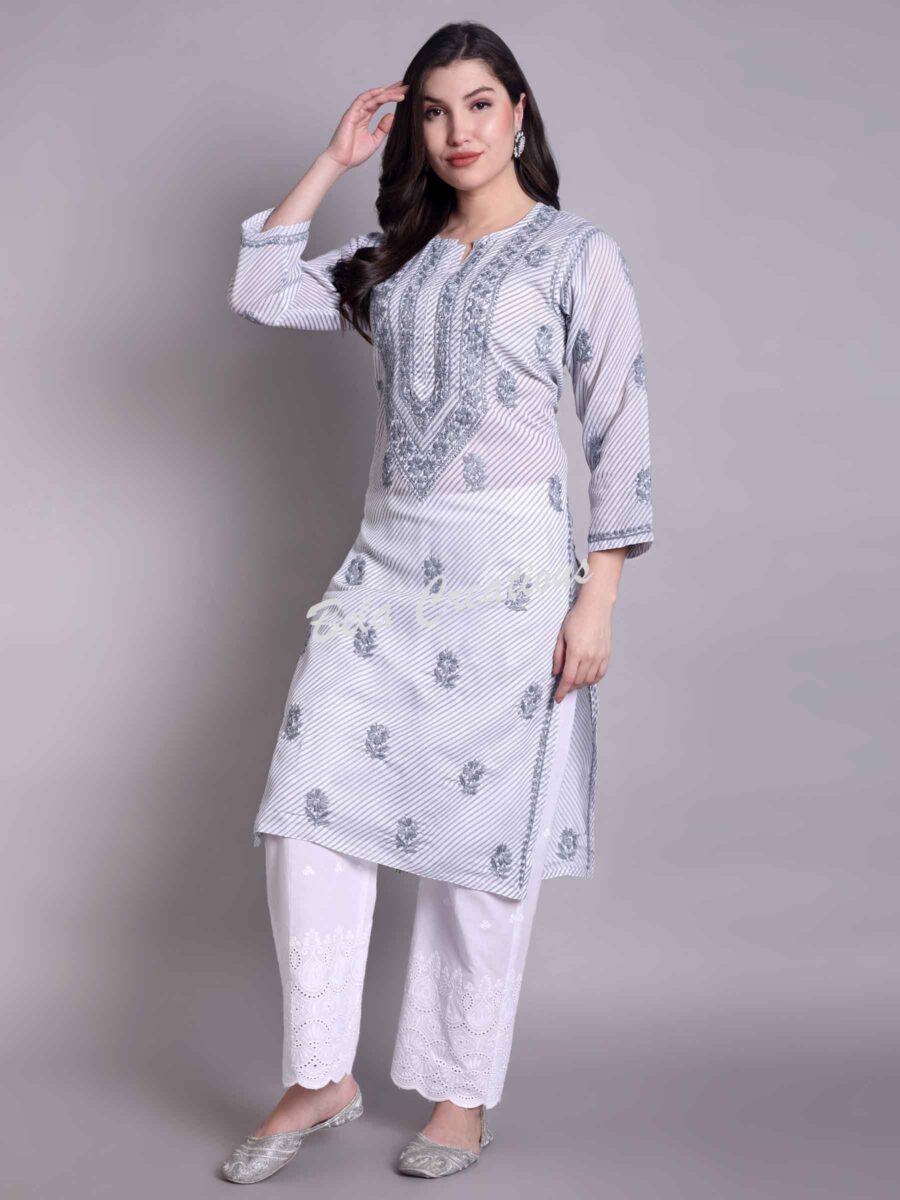leheriya chikankari women's long kurta grey