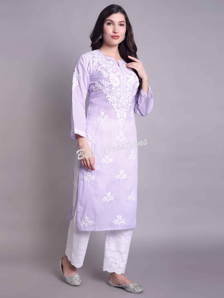 leheriya chikankari women's long kurta lilac