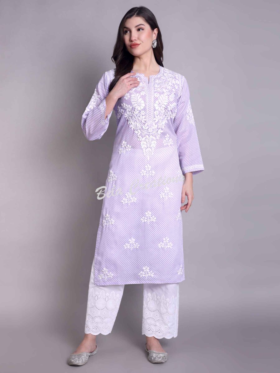 leheriya chikankari women's long kurta lilac