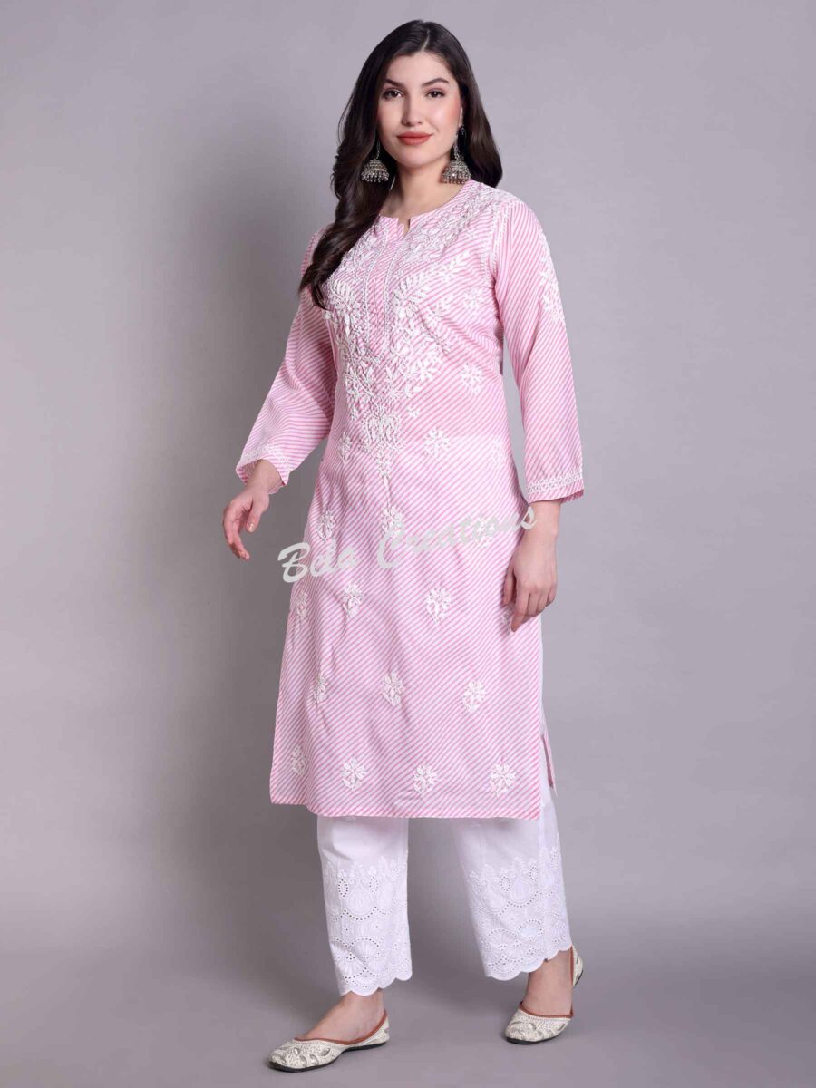 leheriya chikankari women's long kurta pink