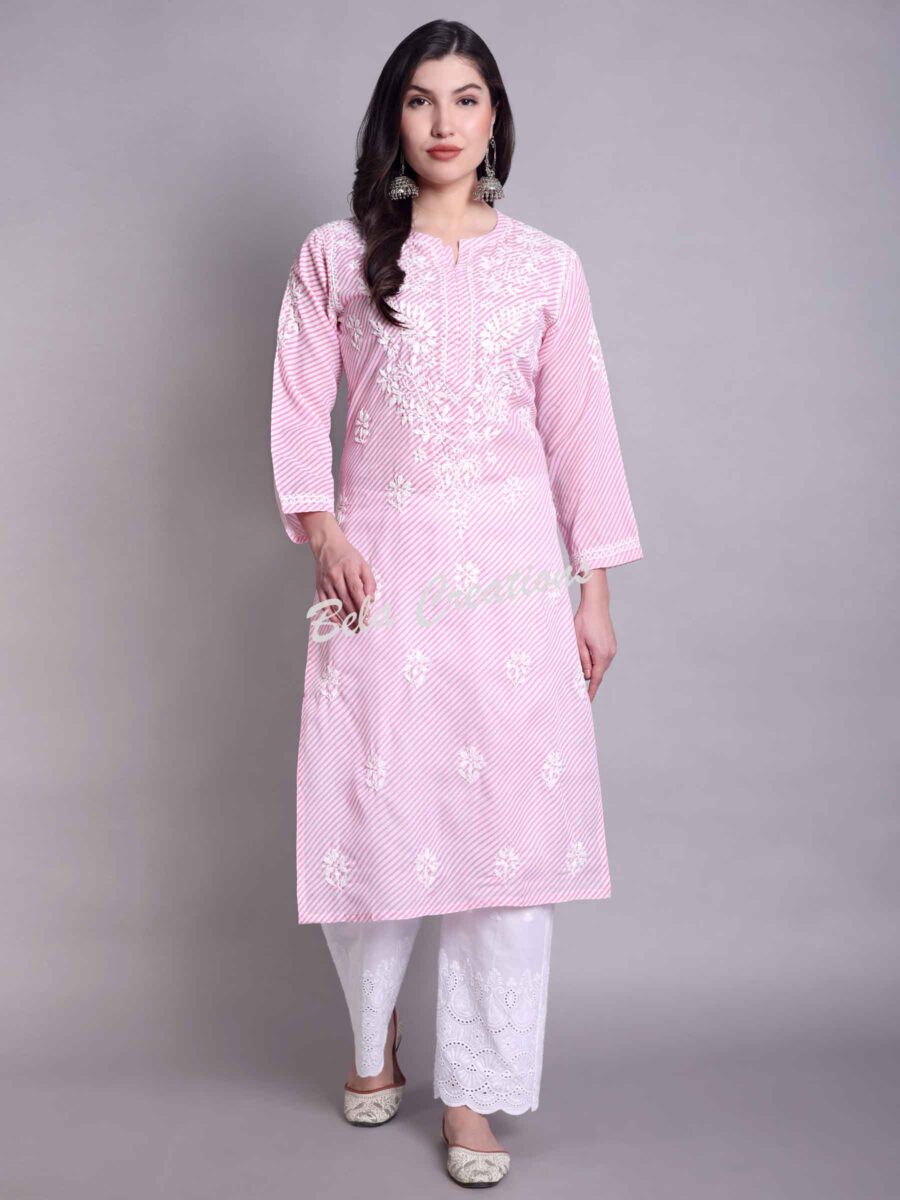 leheriya chikankari women's long kurta pink