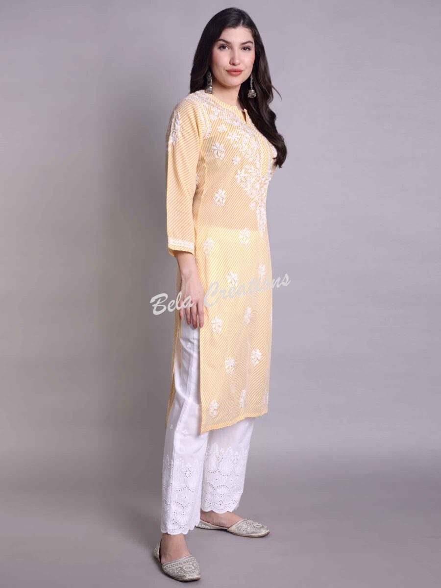 leheriya chikankari women's long kurta yellow