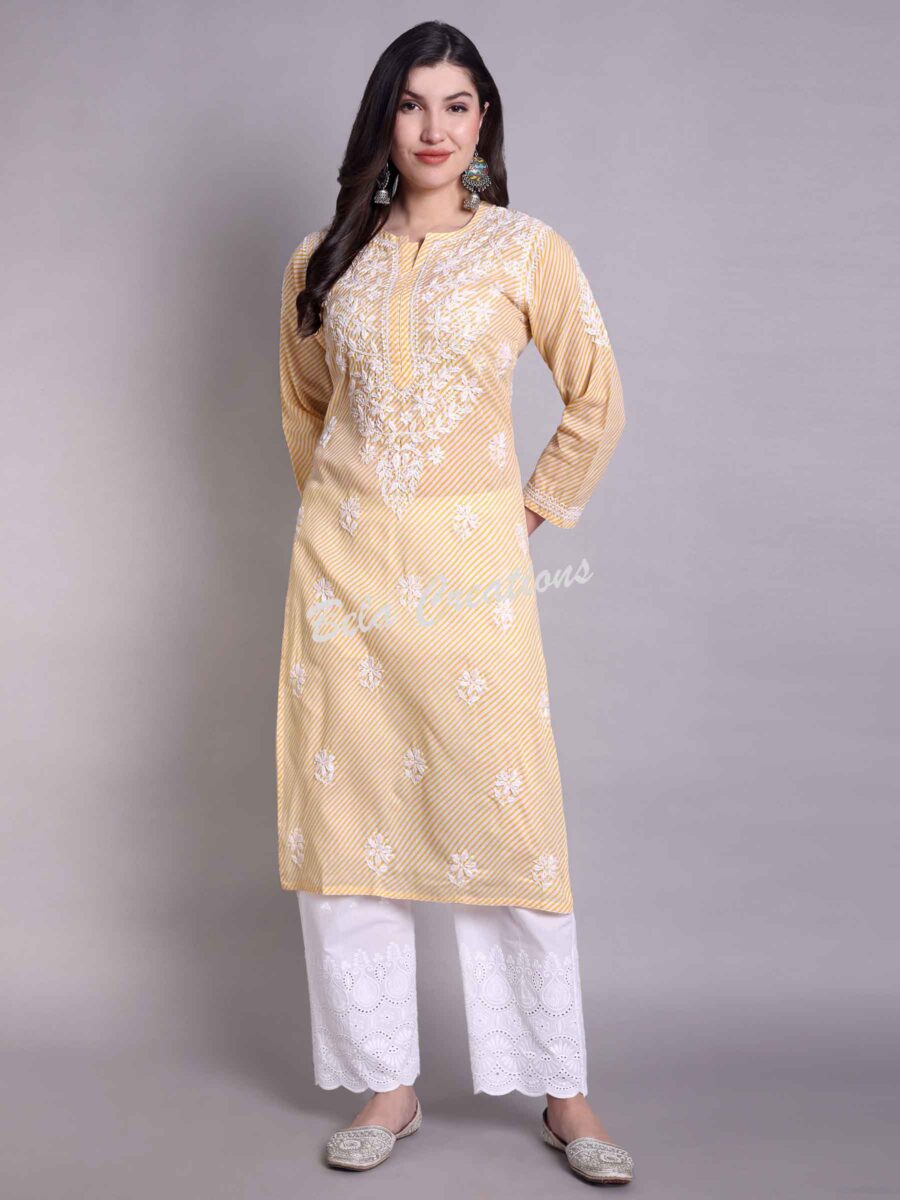 leheriya chikankari women's long kurta yellow